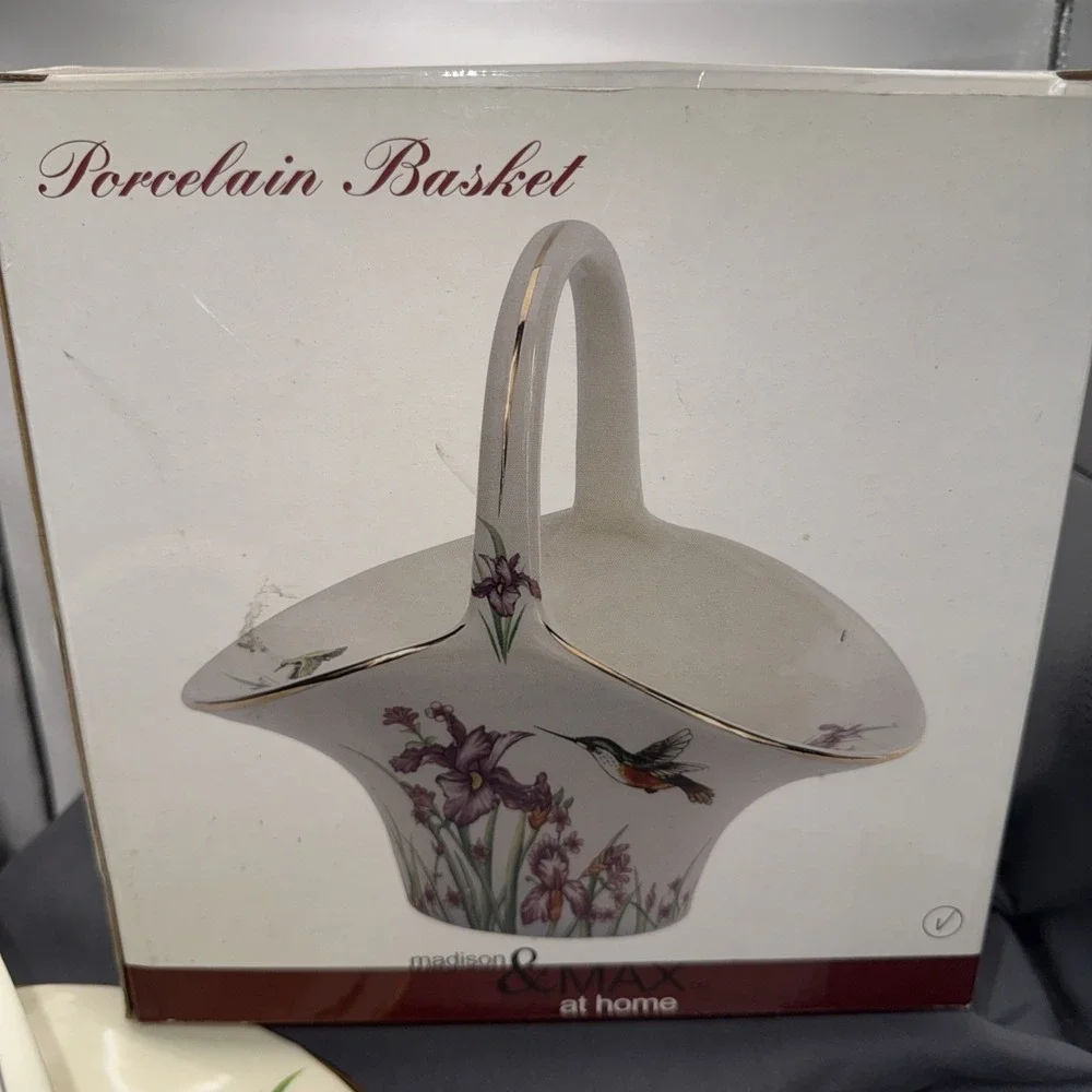 Porcelain Hummingbird Floral Basket Candy Dish Bowl Vase Planter 7.5
